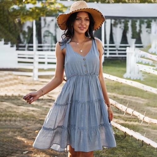 Jastie 2021 Summer Dress Women V-Neck Solid Color Sleeveless Sexy Dresses Boho Ruffle Hem Casual Beach Dress Vestidos