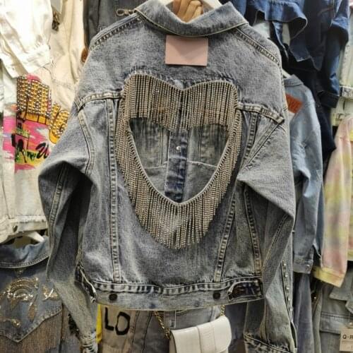 Jastie 2021 Autumn Chic Back Hollow Rhinestone Tassel Denim Jacket Women Outerwear Lapel Long Sleeve Jacket Coat mujer chaqueta