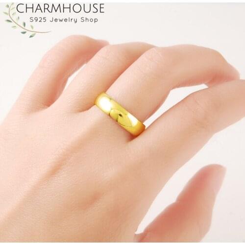 Charmhouse Gold Color Rings for Women Wedding Band Pure Gold GP Round Finger Ring Size 6/7/8# Fashion Jewelry Anillo Bague Gift