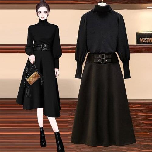 Korean 2 piece outfits ladies office set women two piece sweater tops and skirt set winter clothing white black sweater suit