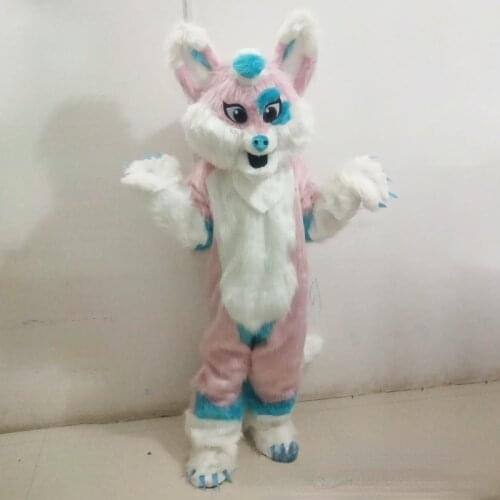 Halloween Pink Long Fur Fox Wolf Fursuit Mascot Costumes Suits Blue Adult Performance Event Unisex cartoon Apparel Cosplay Dress