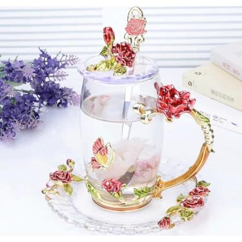 Red Rose Enamel Coffee cup Mug Crystal Glass Cups and mugs High-grade Tea Cup Drinkware Gift Couple Mug For Lover Tea Set