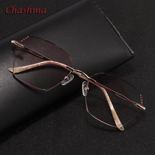 Square Glass Colored Lenses Fashion Frame Women Optical Rimless Titanium Spectacles Female with Stones