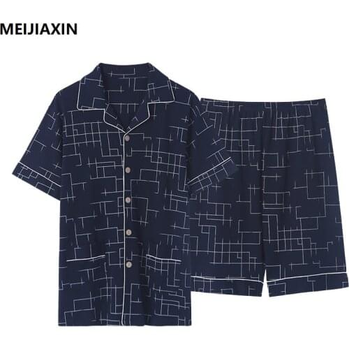 Summer Mens Pajamas Set Plaid Cotton Short Sleeve Sleepwear Tops Shorts Soft Pyjamas Suit Homewear M-4XL