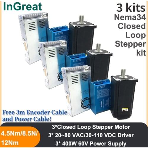 3Kits 4.5Nm/8.5Nm/12Nm Nema34 86mm 6A Motor & Hybird Encoder Easy Step Servo Driver & 400W 60V DC Power Supply 3Axis CNC Milling