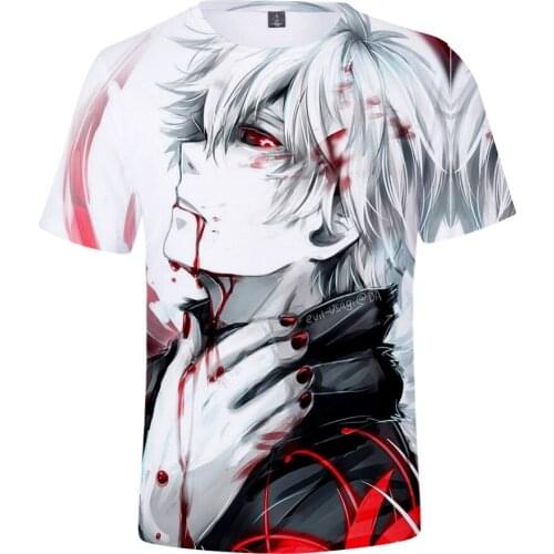 2021 New Fashion Tokyo Ghoul Print T-shirt Men Short Sleeve Anime Character White Red Blood 3d Print Streetwear T Shirt Men FT02