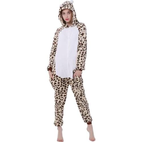 2020 Adults Animal Pajamas Cartoon Sleepwear Leopard Bear Pajamas Sets Anime Kigurumi Women Men Warm Flannel Hooded
