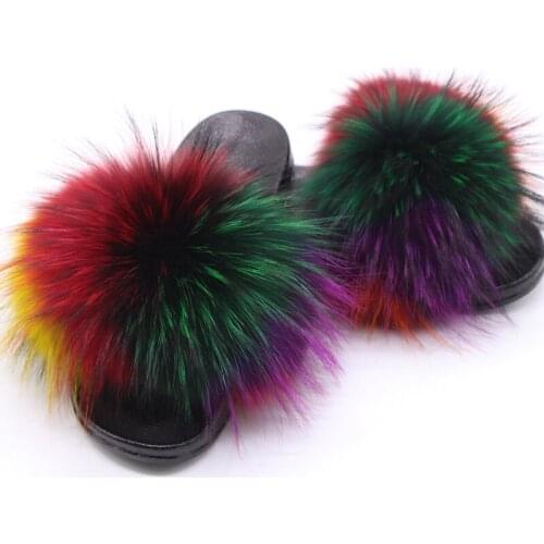 Fluffy Slippers Women Shoes House Real Fox Fur Flip Flop Female Furry Fur Slides Indoor Woman Sandals Shoes With Fur Raccoon