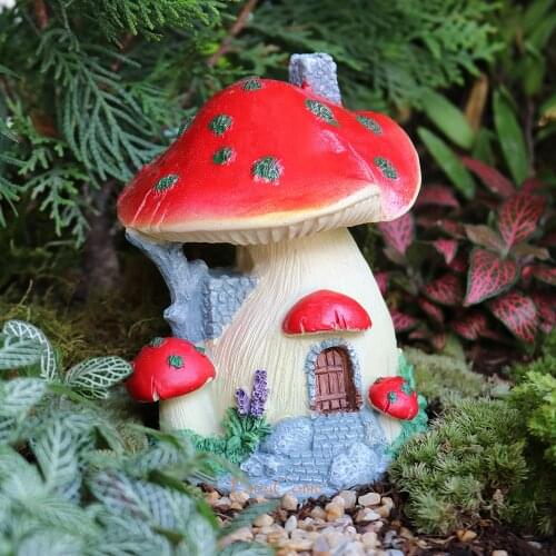 FairyCome Mushroom Fairy Houses With Little Balcony Woodland Fairy Garden House Cottage Red / Yellow Resin Miniature Garden Hut