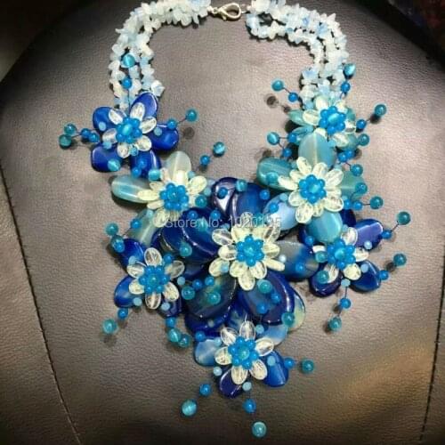 WOW! BLUE AGAT QUARTZ FLOWER MIX-COLORS SHAPE 20inch NECKLACE nature wholesale beads DROP