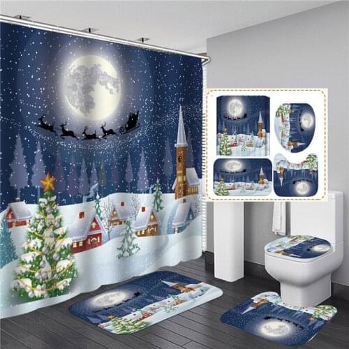 3D Print Christmas Elk Shower Curtain Set Cartoon Cute Bathroom Home Decor With Hooks Anti Slip Toilet Mat Rug Dropshipping