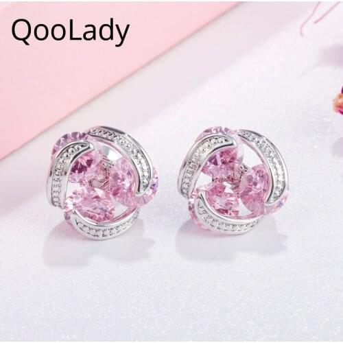 QooLady Top Quality AAA+ Mix Color Pink Cubic Zirconia Wind Wheel Ear Stud Earrings for Fashion Women Party Jewelry Gift E086