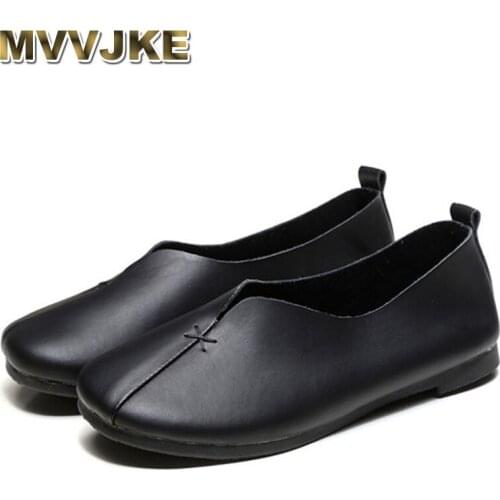 MVVJKE 2020 New Spring Autumn Retro Handmade Shallow Soft Sole Casual Round Toe Loafers Women Genuine Leather Flats