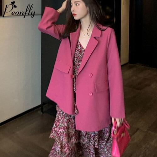 PEONFLY New 2020 Korean Style Blazer Jacket Women Fashion Long Sleeve Coat Women Elegant Double Breasted Jacket Female Ladies