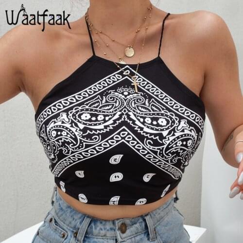 Waatfaak Black Crop Top 2018 Sleeveless White Printed Backless Cross Camis Bodycon Shirt Sexy Summer Knitted Short Bandage Cami