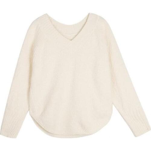 Women Fashion Arc Hem V-Neck Winter Sweater Warm Winter Sweater Ribbed Cuff for Work