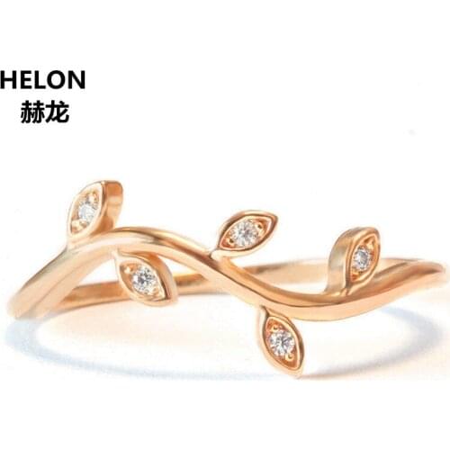 Mini Leaf Branch Wedding Band Art Nouveau Ring Solid 14K Rose Gold Pave Diamond Engagement Women Ring Stackable Wedding
