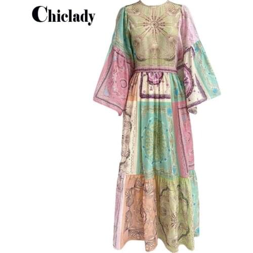 CHICLADY vintage designer flrare long sleeve o-neck maxi dress for women lace up shashes patchwork printed boho robe de festival