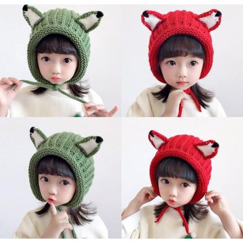 Newborn Baby Winter Warm Hat Knitted Baby Hats with Fox Ears Cartoon Lace-up Children Kids Cap for 1-3 Years