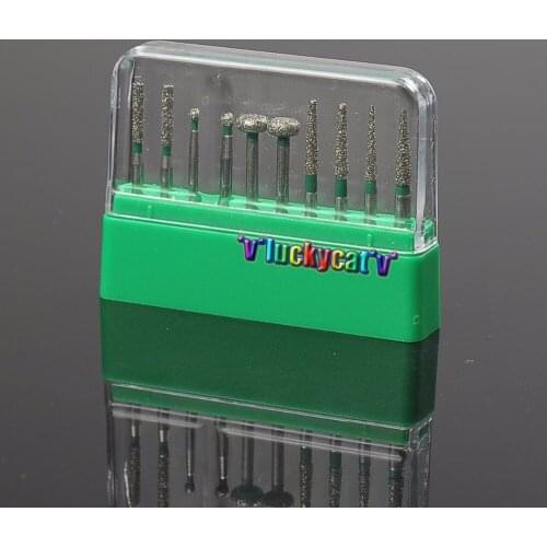 10Pcs/set Dental High Speed 1.6mm Diamond Burs for polishing smoothing In Green Bur Holder Green Color