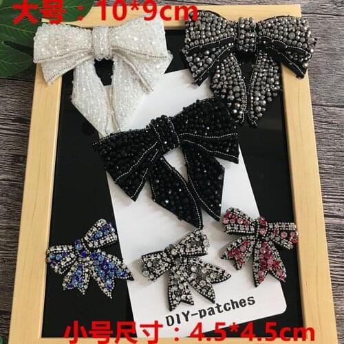 2pcs/lot black white gray bow Rhinestones Patches Handemade 3D beads stone clothes dress brooches applique Patch