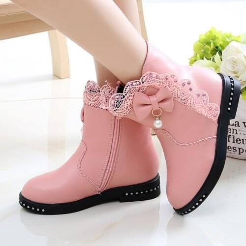 Girls Boots For Children Shoes Autumn/Winter Cashmere Leather Princess Boots Kids Baby Cotton Boots With Bows Warming Shoes