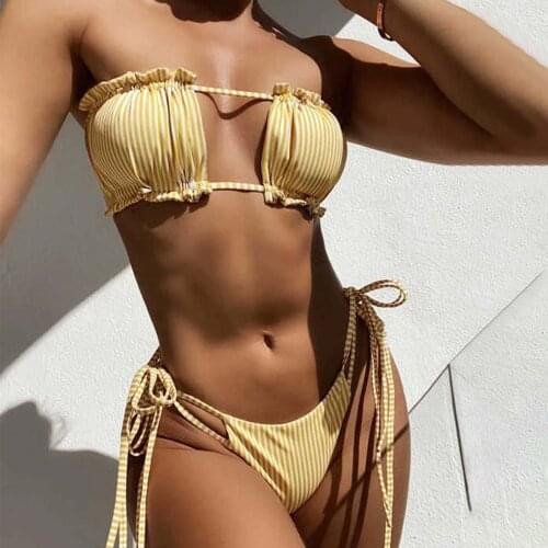 Elegant Swimwear Women Off Shoulder Bikini Set Bandage Hollow Out Lace Up Bandgae Push Up Bathing Suit Thong Swimsuit Biquini