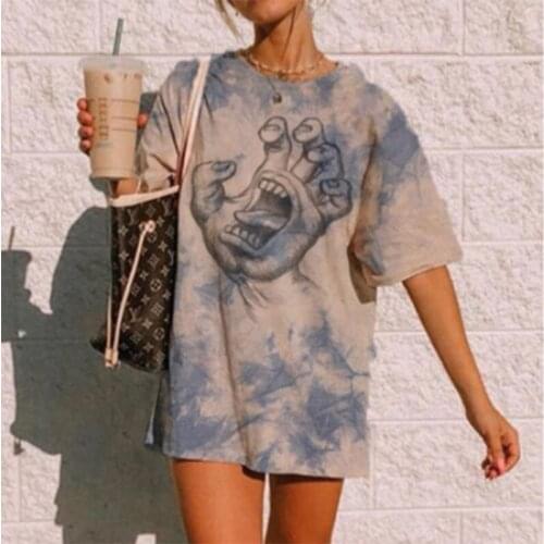 Funny Hand Print Vintage Tie Dye Graphic Tee Women Fashion Tops O Neck Short Sleeve Loose Casual T-shirt Summer Plus Size Mujer