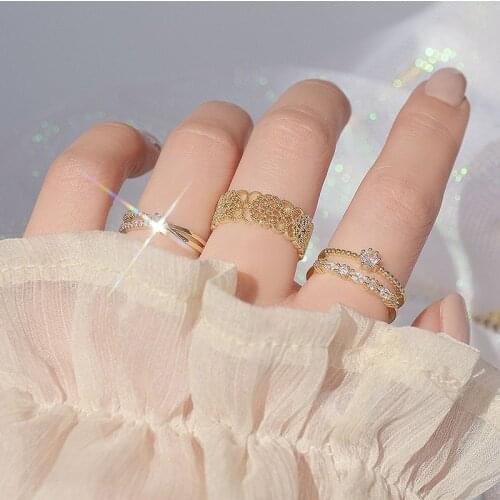 Ins Hot Sale 14K Real Gold Pierced Flower Adjustable Wedding Rings for Women Luxury Shining AAA Cubic Zircon Engagement Rings