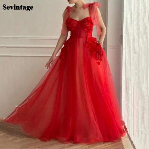 Sevintage Red 3D Flowers Long Prom Dress A Line Pearls Spaghetti Strap Wedding Party Gowns 2021 Princess Tulle Evening Dresses