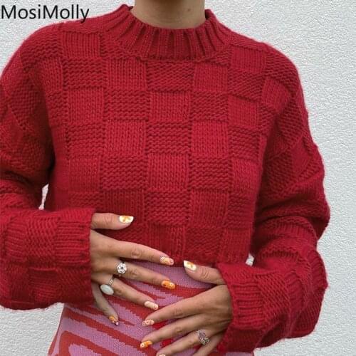MosiMolly 2021 Red Plaid Sweater Jumper Women Long Sleeve Cropped Sweater Knitting Loungewear