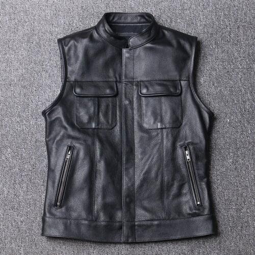 Motorcycle Biker Leather Vest Men Genuine Cow Leather Sleeveless Jackets 100% REAL Cowhide Stand Collar Waistcoat Outwear