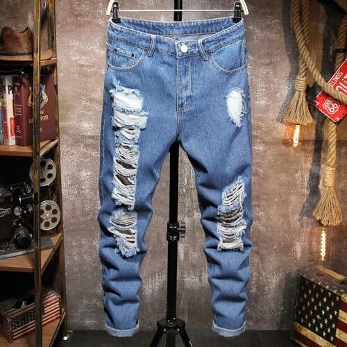 2021 New Spring And Summer Light Blue Jeans Men Fashion Casual Ripped Denim Pants Male Straight Slim Trousers