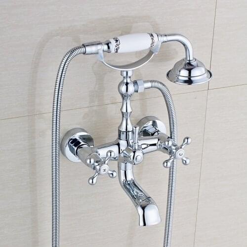 Wall Mount Bathroom Shower Faucet Double Handles Solid Brass Mixer Tap with Hand Shower Chrome