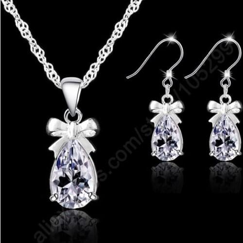 New Gift Set 925 Real Sterling Silver With White Cubic Zirconia Dangle Earring Pendant Necklace Woman Jewelry Set