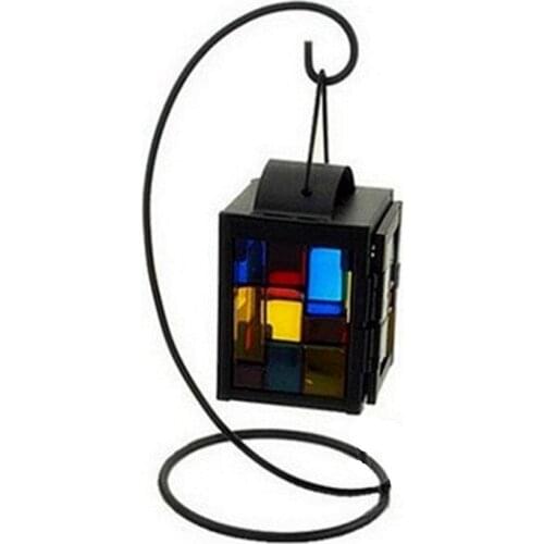 Retro Metal Colorful Glass Candle Holder Moroccan Candlestick Hanging Lantern For Candle Wedding Decor Creative Craft