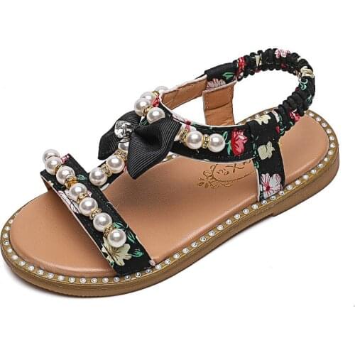 Girls Sandals 2021 New Korean Kids Open-toed Rhinestone Princess Shoes for Children and Babies Non-slip Pearl Sandals Flats Chic