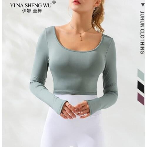 Sexy Back Yoga Crop Top Inner Padded Fitness Tank Top Elastic Sport Tops Gym Long-Sleeved Blouse Professional Workout Sportswear