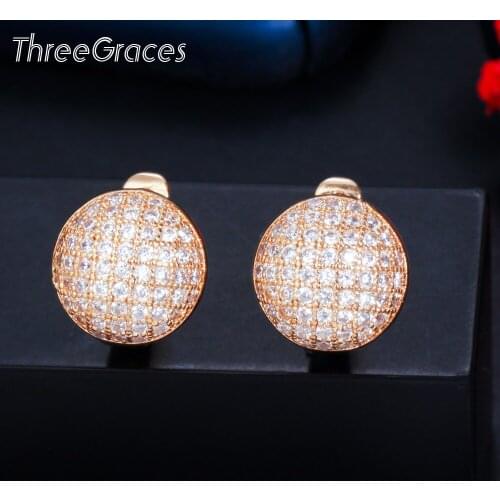 ThreeGraces High Quality Mirco Pave Cubic Zirconia 585 Gold Lovely Round Stud Earring for Ladies Trendy Party Jewelry Gift ER518