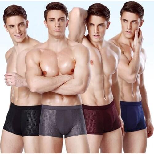 4Pcs/lot Mesh Mens Panties Male Underpants Plus Size Boxershorts Bamboo Hole Breathable Belt Shorts L-3XL