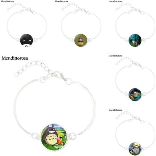 Mendittorosa My Neighbor Totoro Vintage Jewelry With Silver Plated Glass Cabochon Bracelet Bangle For Women