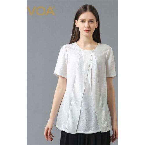 VOA Silk Jacquard White Round Neck Short Sleeve Tops One Button Three-dimensional Pleated Ladies Loose Refreshing T-shirt BE700