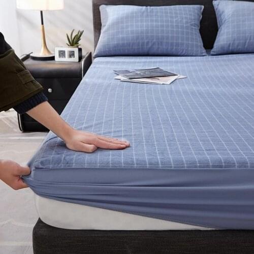 Waterproof Bed Cover With Elastic King Size Plaid Mattress Covers For Bedroom Blue Color Terry Fabric Fitted Sheet(No Pillowcase
