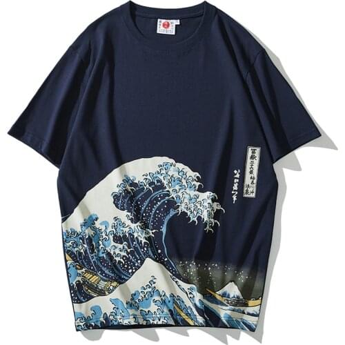 Japanese fashion brand Ukiyo-e Kanagawa sea wave trend cotton round neck personality retro mens summer short-sleeved T-shirt