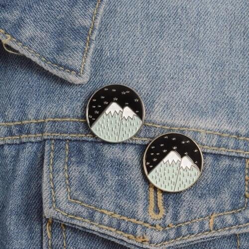 Green Snow Mountain Brooch Nature Travel Enamel Pin Badge Night view Moon Star Brooch Gift for Hikers Adventure lovers