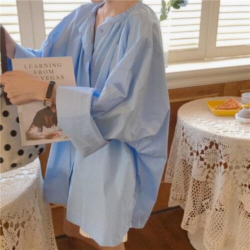 Oversized Solid Simple Shirts For Women O- Neck Long Sleeve Loose Single Breasted Blouses Mid Long Tops Chemise Femme T028