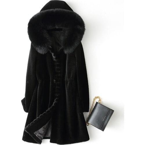 2020 Real Fur Coat Women Winter Sheep Shearing 100% Wool Jacket Fox Fur Collar Hooded Plus Size Manteau Femme XESD1815 KJ5655