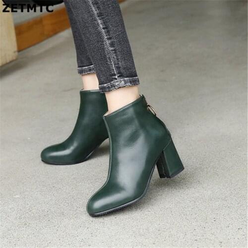 Women Boots PU round toe green block high heels woman stilettos pumps fashion ankle boots for women Мартин сапоги female footwea