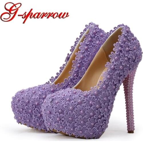 Purple Lace Flower Girl Birthday Party Shoes Lady Farewell Ceremony High Heel Green Yellow 14cm Lace Flower Heel Wedding Shoes