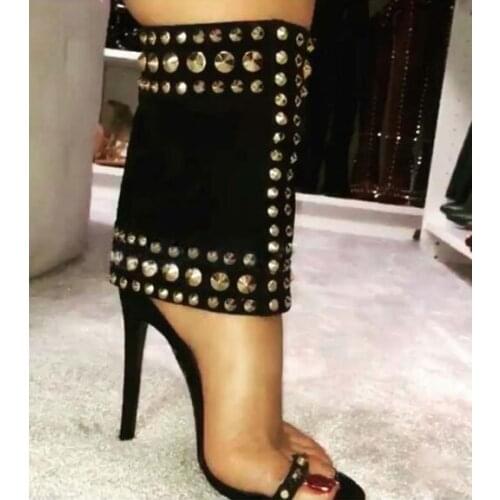 Dipsloot Woman Punk Style Black Suede Metal Rivets Studded Sandals Boots Female Clip Toe Thin Heels Hollow Out Short Ankle Botas